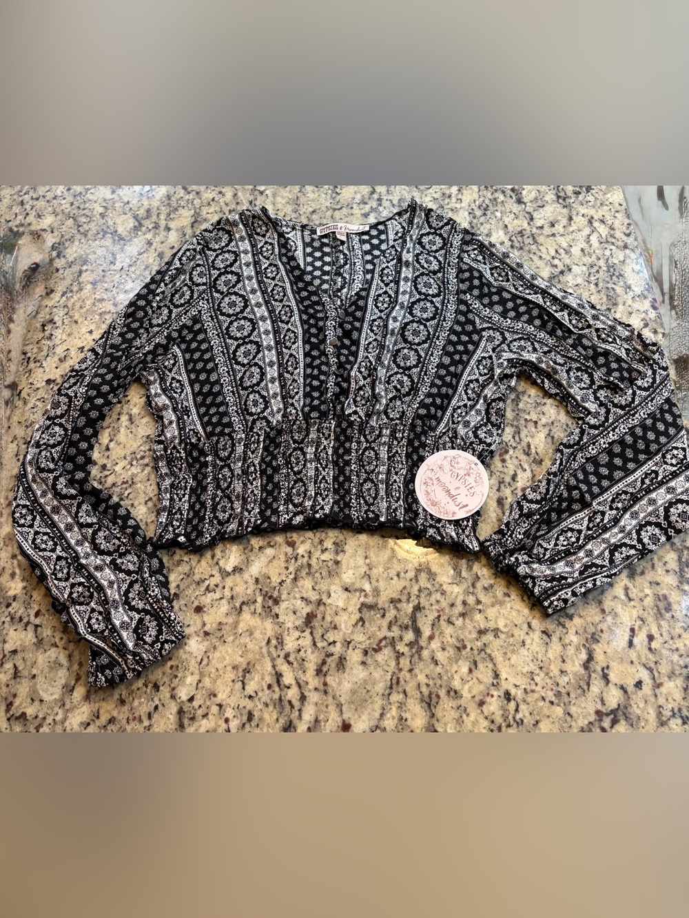 Gypsies & Moondust Black and White Boho Cropped Smocked Top